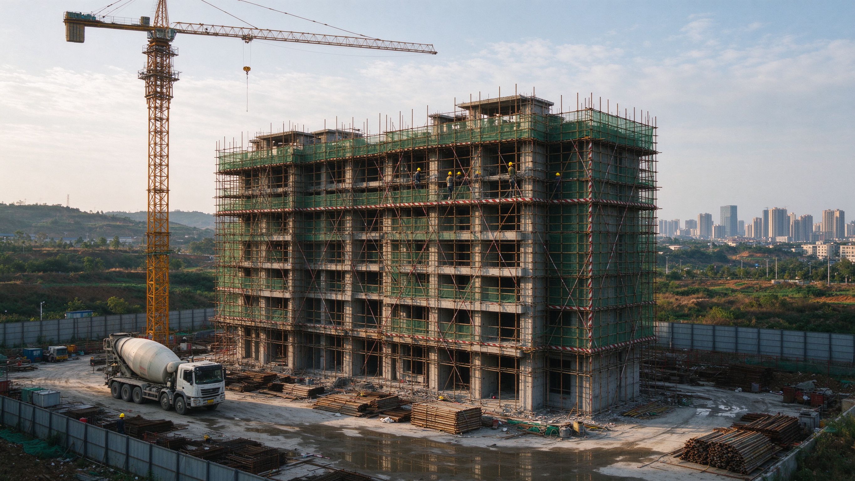 信阳在建建筑工地全景，塔吊与施工楼体