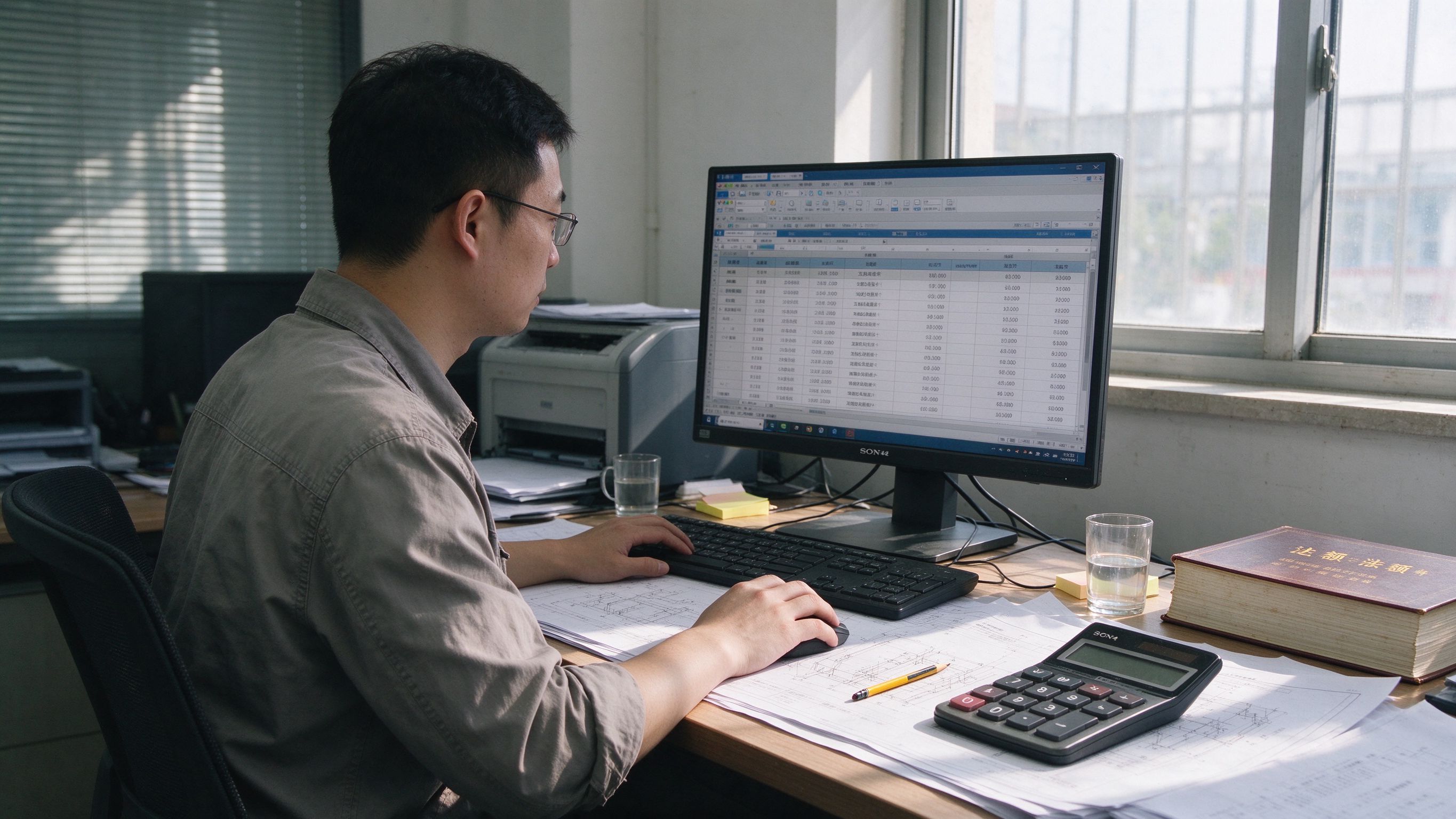 信阳造价员在工地算量对图纸