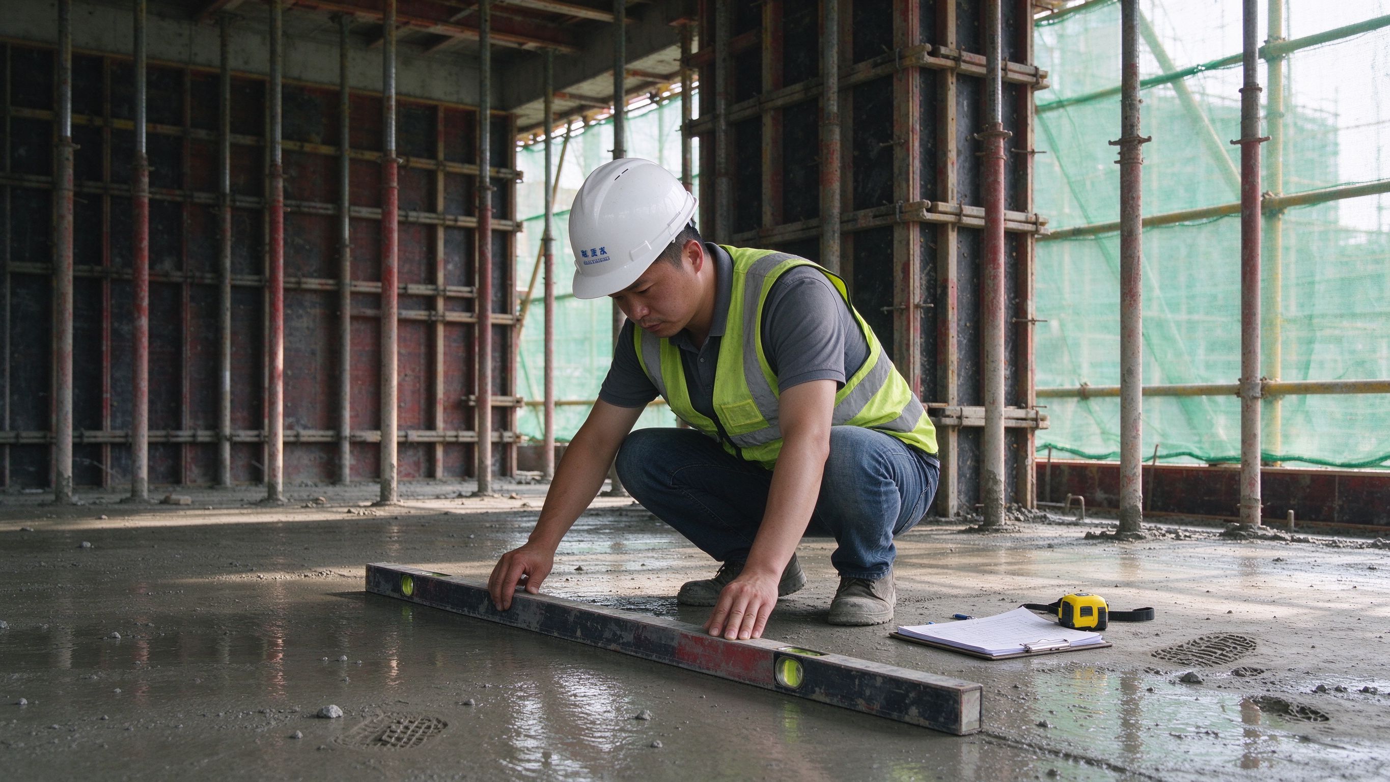 信阳工地质量员用靠尺检测地面平整度