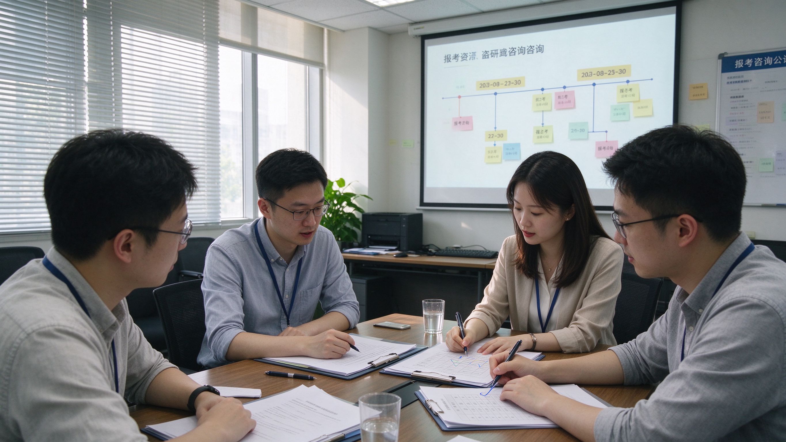 信阳报考咨询机构团队在会议室讨论报考资料