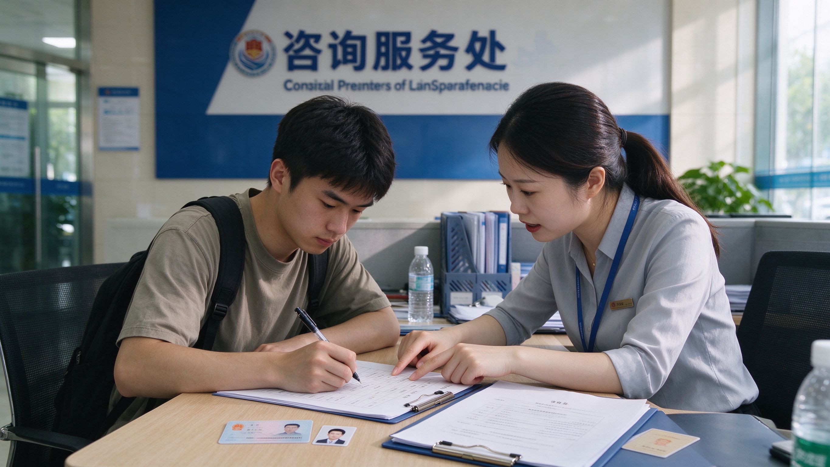 学员在信阳八大员报考网填写报名登记表，工作人员在旁指导