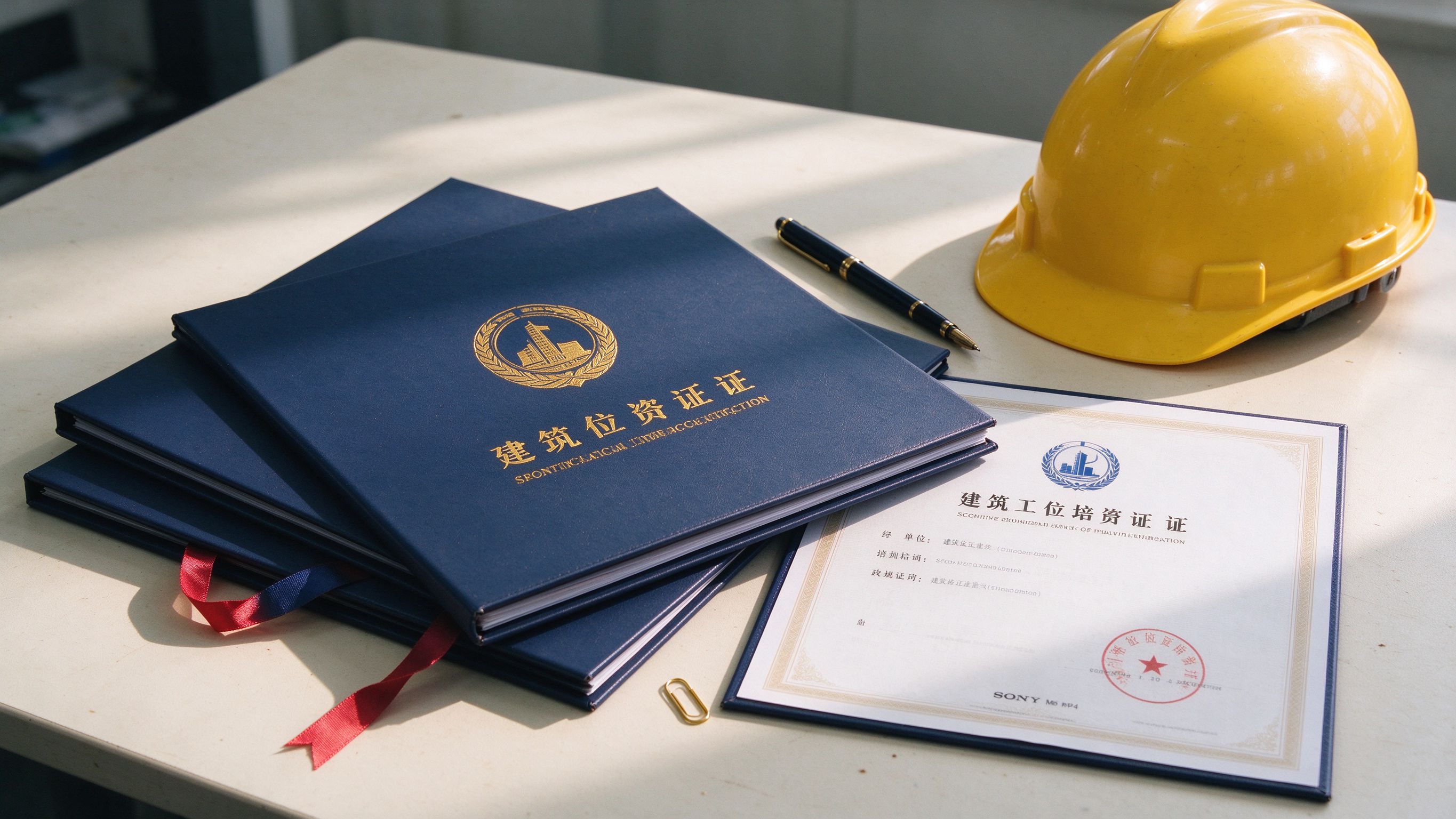 八大员岗位证书封面与安全帽特写